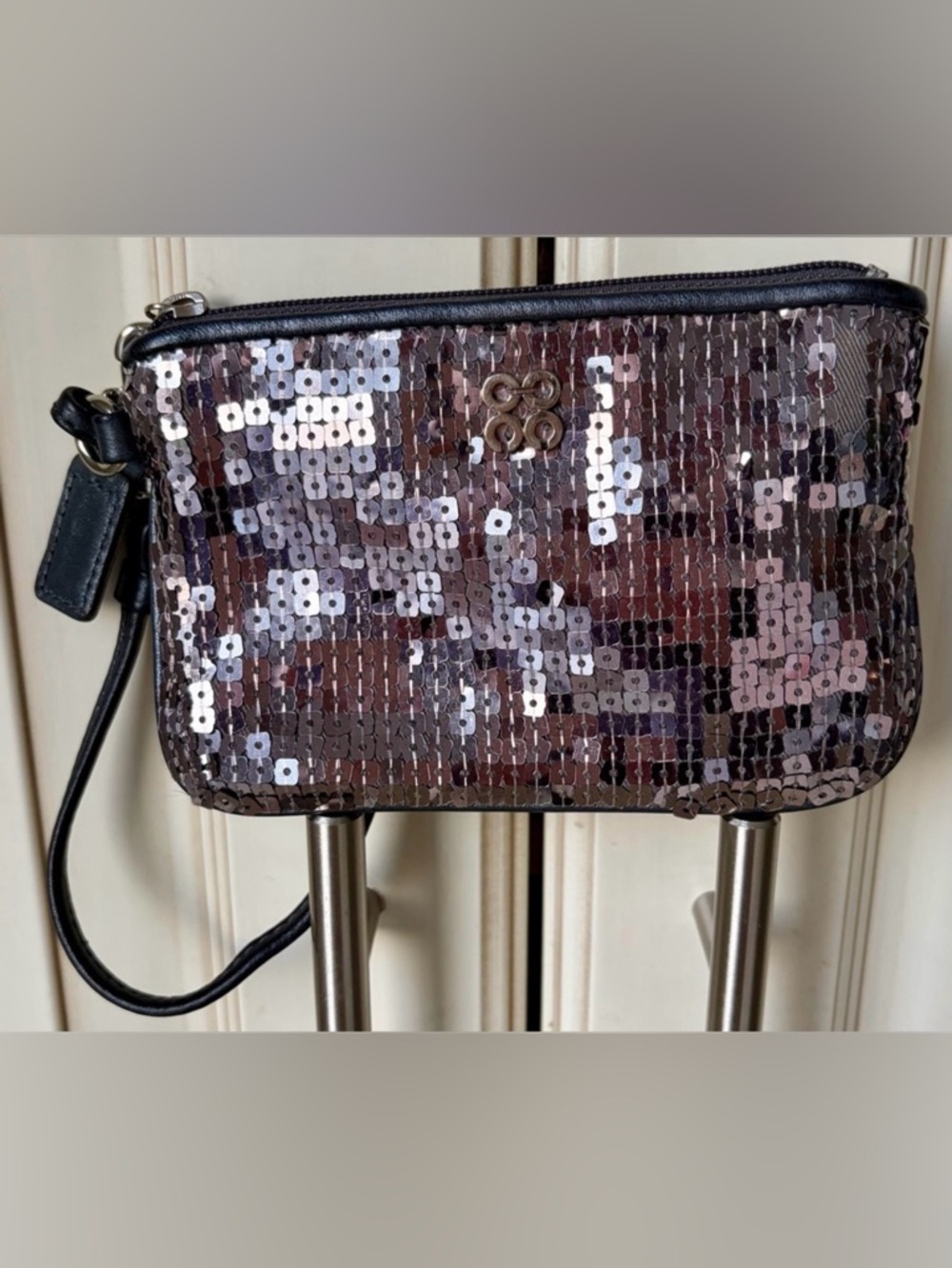 🍋 Coach Sequin Wristlet - Charcoal Grey Leather and Grey Sequin. Mini size